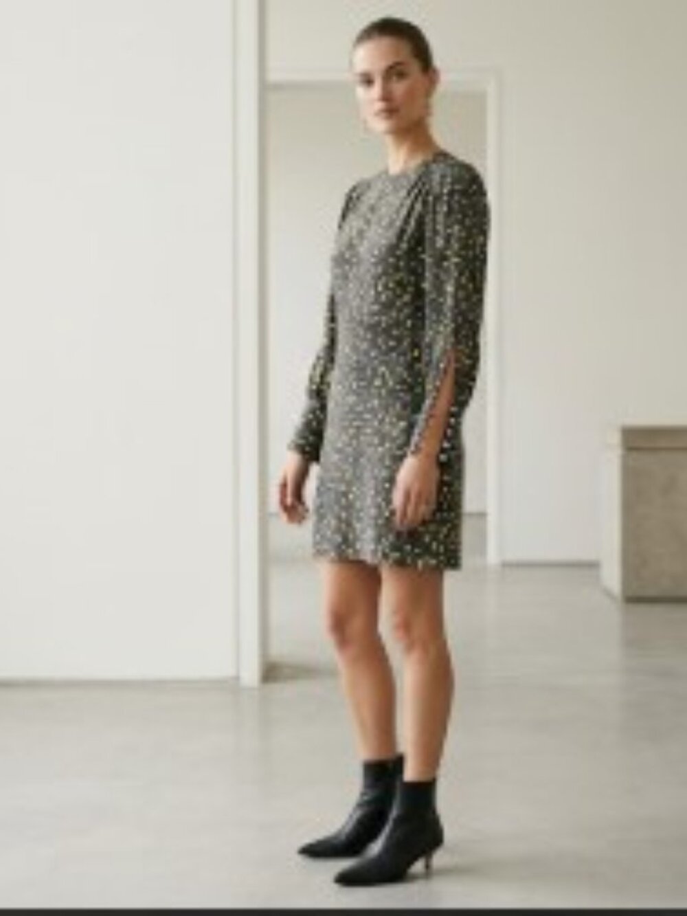 Elizabeth and James 100% Silk Split Sleeve Mini Dress Speckled Gray Yellow 4
